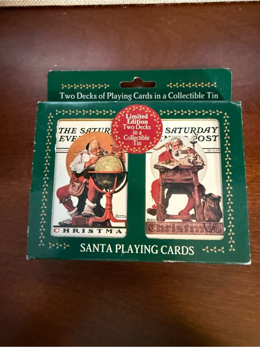 Norman Rockwell Santa Playing Cards - Limited Edition Two-Deck Tin (Green)